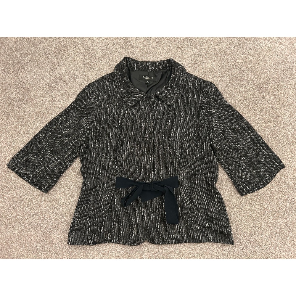 Talbots Tweed Jacket Womens 8 Black White Excellent Ribbon Bow Peter Pan Collar